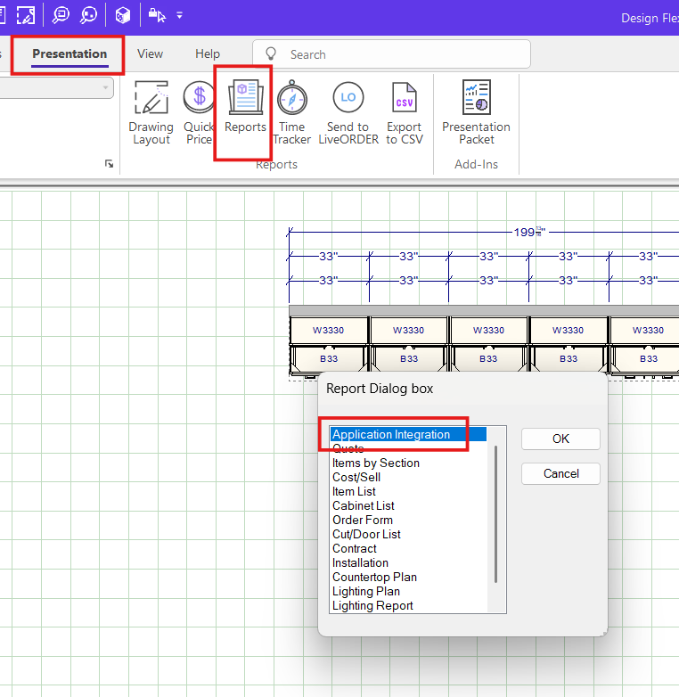 Design Flex Reports menu showing Application Integration option